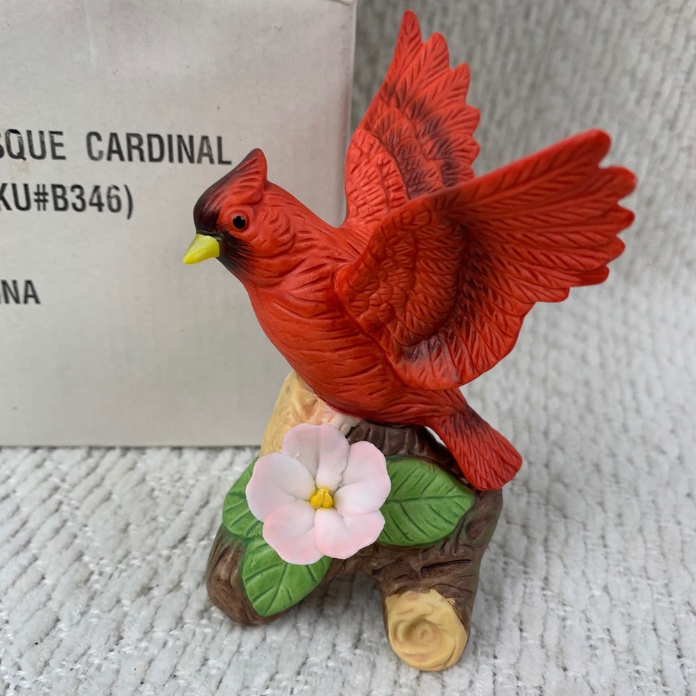 Red Porcelain Bisque Cardinal Bird Figurine 5328 Realistic Nature Branch Flower